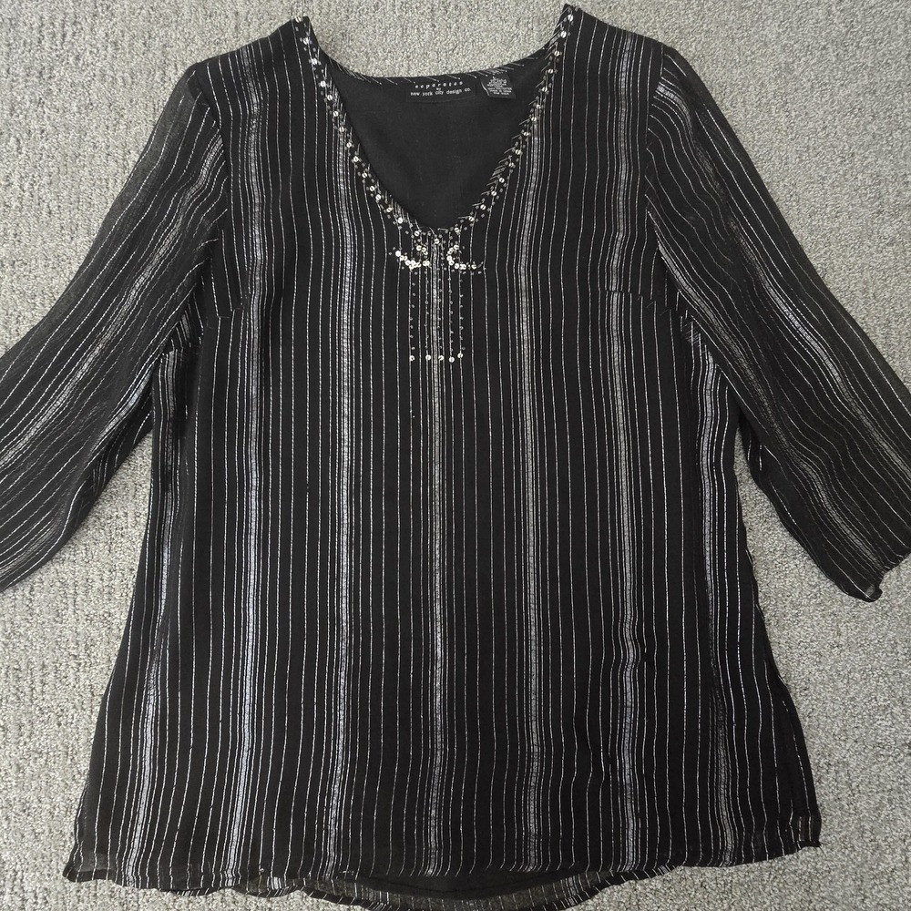 New York & Co Silk Blend Beaded Mesh Blouse Sheer Black Sequin Metallic L